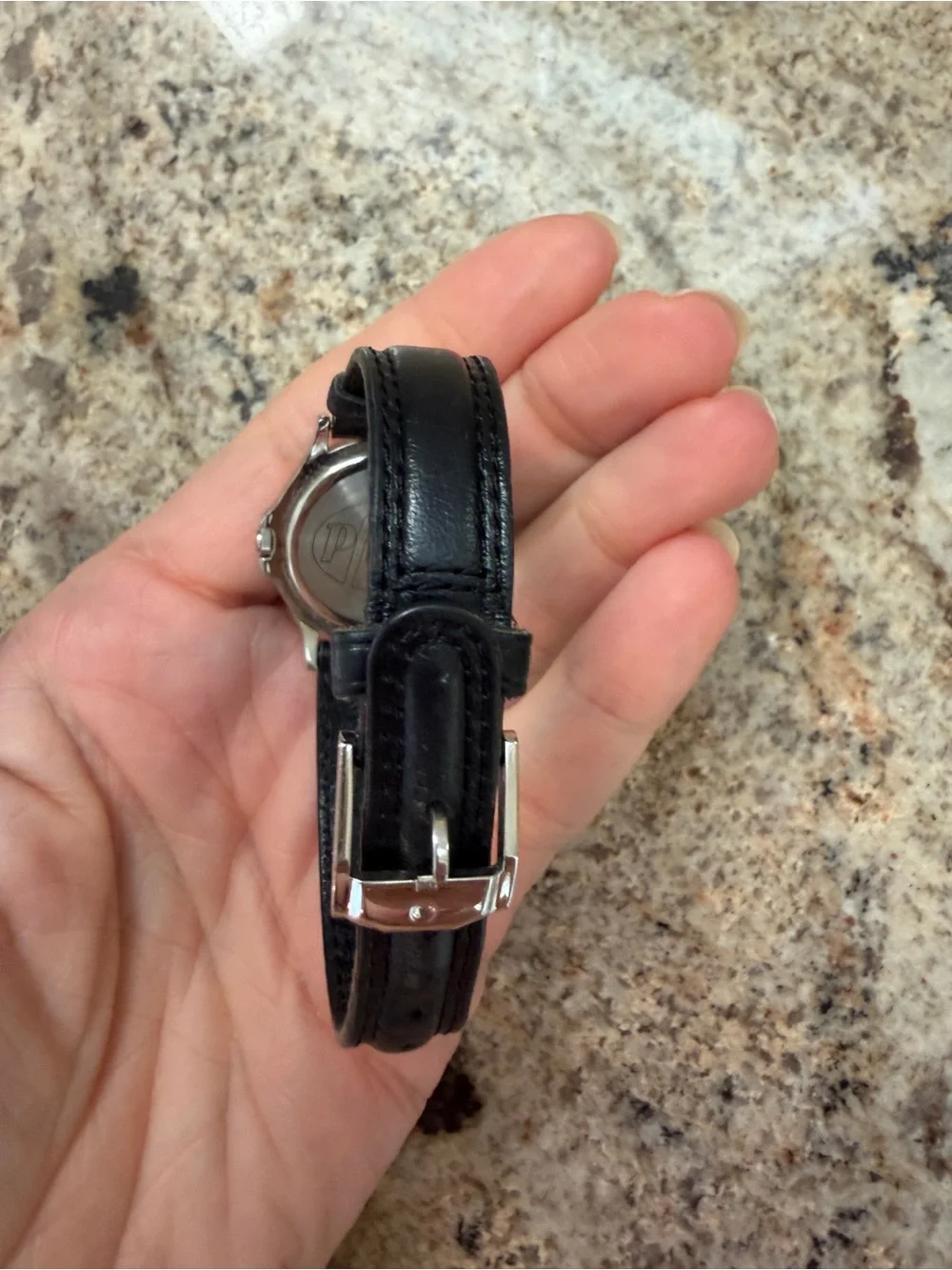 Movado Black Dial Silver Case Leather Strap Watch